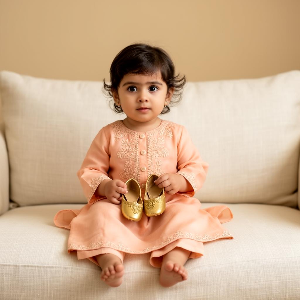 A toddler holding tiny golden khussas